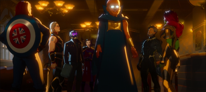 The Watcher gathers a team of displaced heroes whom he dubs the Guardians of the Multiverse in a still from the Disney+ series "What If...?"