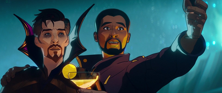 Stephen Strange and T'Challa toast to their teammates before going into battle in a still from the Disney+ series "What If...?"