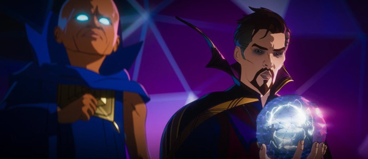 The Watcher tasks Doctor Strange with keeping the pocket dimension containing Ultron and Killmonger safe in a still from the Disney+ series "What If...?"