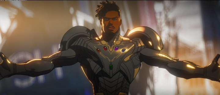 Killmonger steals the Infinity Gems and plans to use them to restore his universe in a still from the Disney+ series "What If...?"