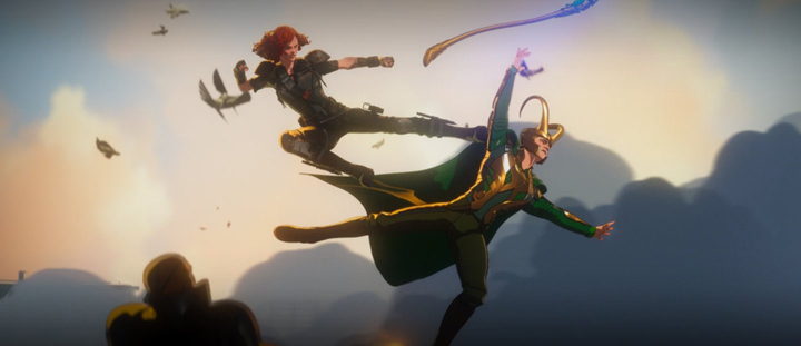 Black Widow overpowers Loki and finds a new universe to live in in a still from the Disney+ series "What If...?"