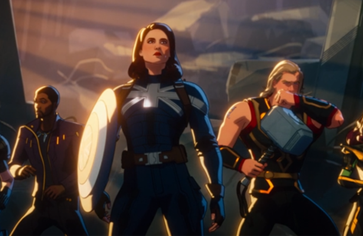Captain Carter stands alongside Star-Lord, Thor, Gamora, and Black Widow, the Guardians of the Multiverse, in a still from the Disney+ series 