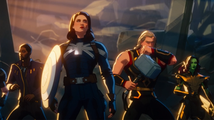 Captain Carter stands alongside Star-Lord, Thor, Gamora, and Black Widow, the Guardians of the Multiverse, in a still from the Disney+ series "What If...?"