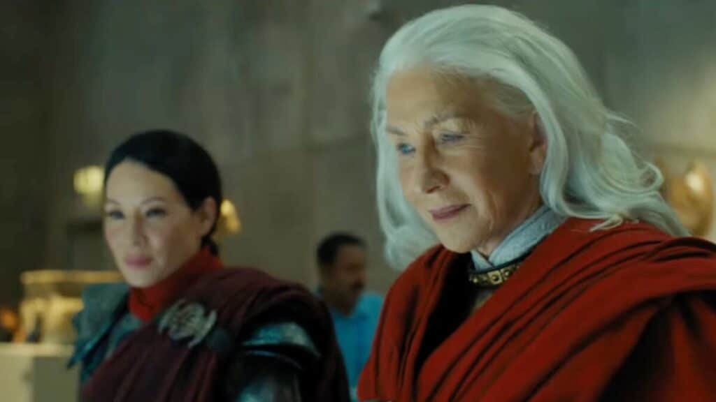 Helen Mirren and Lucy Lui as Hespera and Kalypso in Shazam! Fury of the Gods