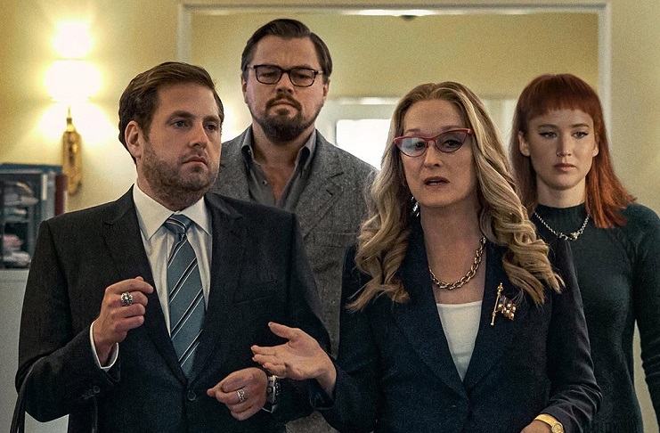 Jonah Hill, Leonardo DiCaprio, Meryl Streep, and Jennifer Lawrence in Netflix's Don't Look Up