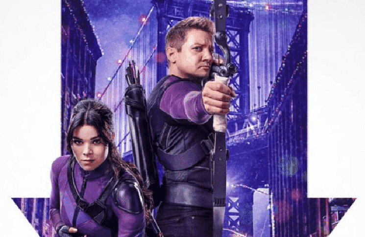 Kate Bishop (Hailee Steinfeld) and Clint Barton (Jeremy Renner) ready arrows on the poster for the Disney+ series 