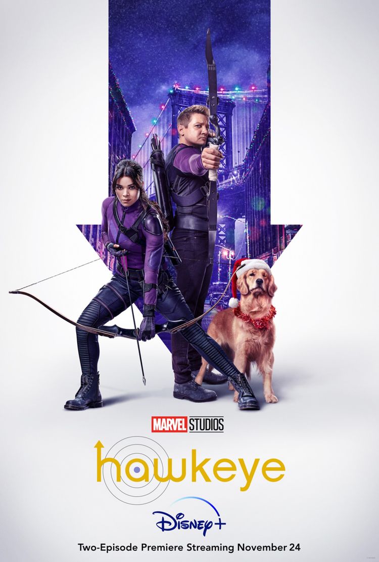 Hawkeye poster featuring Jeremy Renner, Hailee Steinfeld, and Lucky the Pizza Dog