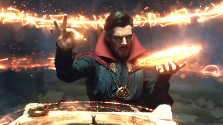 Doctor Strange wields his magical runes to cast a spell in a still from the upcoming film "Spider-Man: No Way Home."