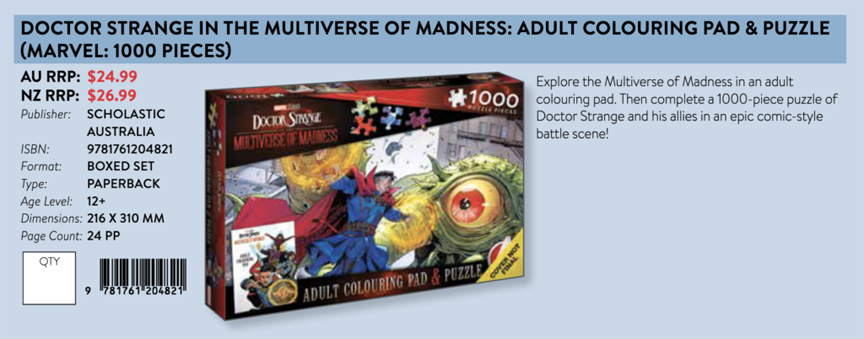 A screenshot of merchandise from the Booktopia website appears to reveal a villain in the upcoming Marvel film "Doctor Strange In The Multiverse Of Madness."
