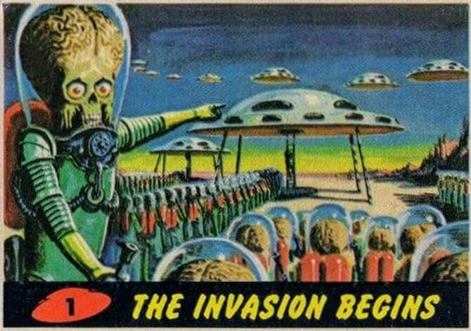 The 1960s trading card series "Mars Attacks" caused an uproar among parents for its grotesque depiction of an alien invasion