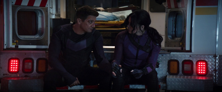 Clint Barton (Jeremy Renner) tells Kate Bishop (Hailee Steinfeld) he's proud of her in a still from the Disney+ show "Hawkeye."