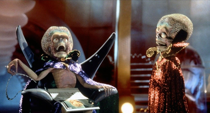 The aliens laugh at the destruction they cause in a scene from the Tim Burton film "Mars Attacks!"
