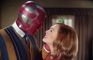 Paul Bettany as The Vision and Elizabeth Olsen as Wanda Maximoff embracing