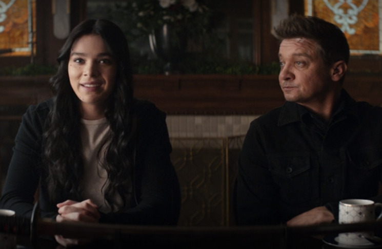 Kate Bishop (Hailee Steinfeld) explains to her mother how she's helping Clint Barton (Jeremy Renner) in a still from the Disney+ series 