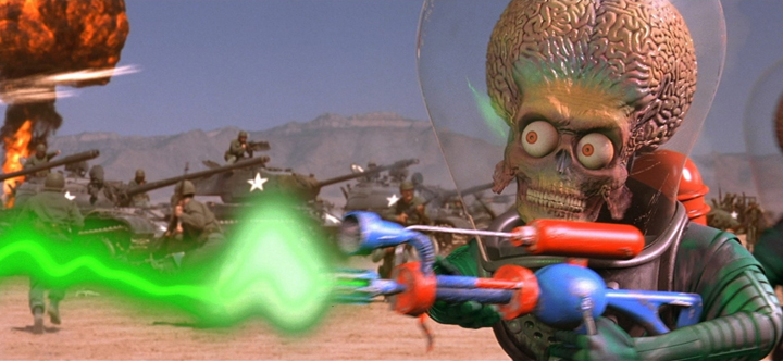The aliens use their powerful weapons to wreck havoc on the humans in a scene from the Tim Burton film "Mars Attacks!"