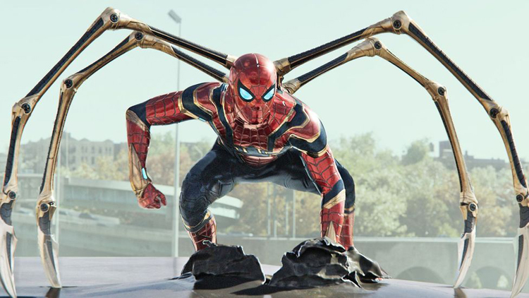 Spider-Man (Tom Holland) uses his fancy Iron Spider suit during a battle on the bridge in a still from 