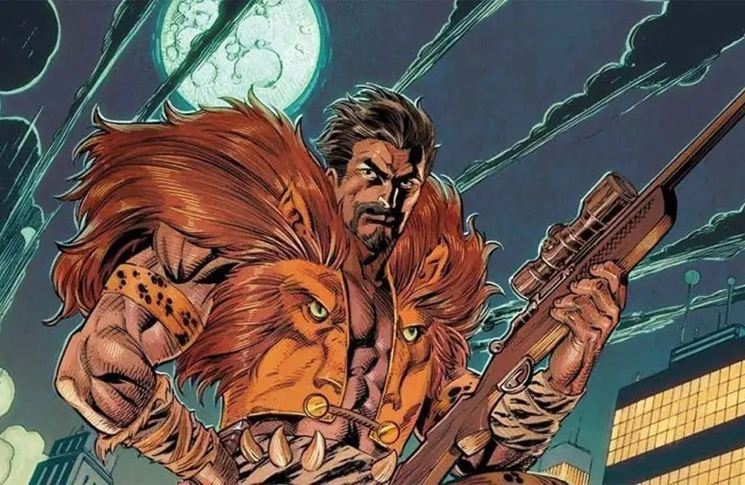 Kraven the Hunter stands triumphant with a rifle in a panel from the Marvel Comics.