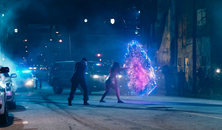 Ms. Marvel (Iman Vellani) uses her powers in the middle of a New Jersey street in a still from the trailer for the new Disney+ show.