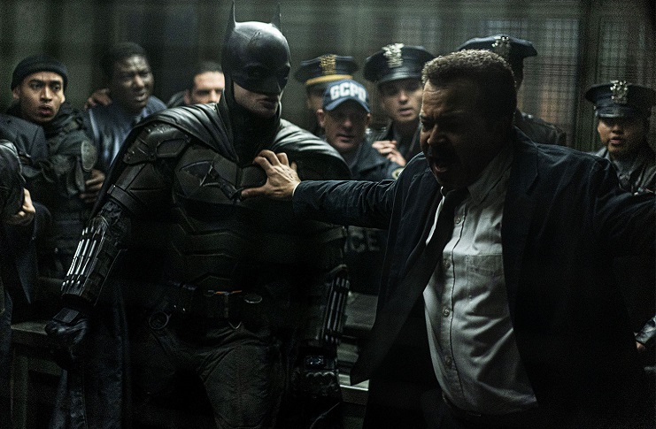 Jeffrey Wright restraining Robert Pattinson in The Batman