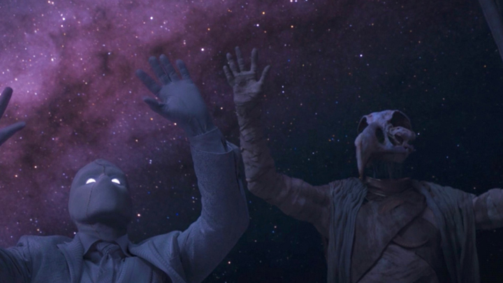 Steven Grant (Oscar Isaac) and Khonshu pool their powers to rearrange the night sky in a still from the Disney+ series "Moon Knight."