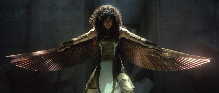 Layla El-Faouly (May Calamawy) spreads her metallic wings after becoming the Scarlet Scarab in a still from the Disney+ series "Moon Knight."