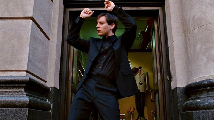Peter Parker crotch-thrusts through New York in a still from "Spider-Man 3."