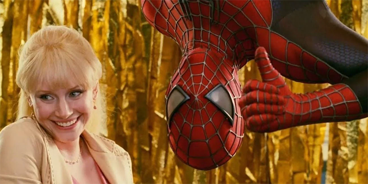 Spider-Man (Tobey Maguire) poses with an enamored Gwen Stacy (Bryce Dallas Howard) in a still from "Spider-Man 3."