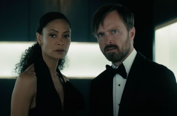 Thandie Newton and Aaron Paul in a screenshot from the Westworld Season 4 trailer. 