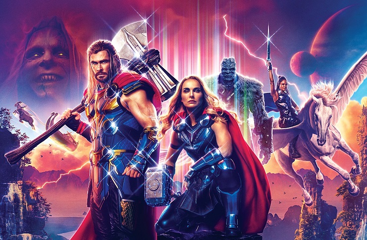 Thor: Love and Thunder poster with Christian Bale, Chris Hemsworth, Natalie Portman, Taika Waititi, and Tessa Thompson