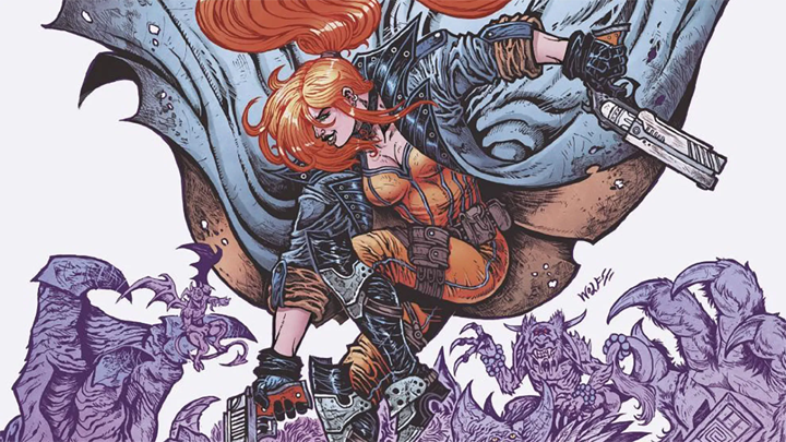 Elsa Bloodstone, gun in hand, leaps atop the heads of a horde of monsters.