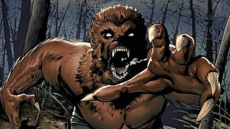 Werewolf by Night leaps through the trees, claws outstretched, bared teeth dripping with saliva.