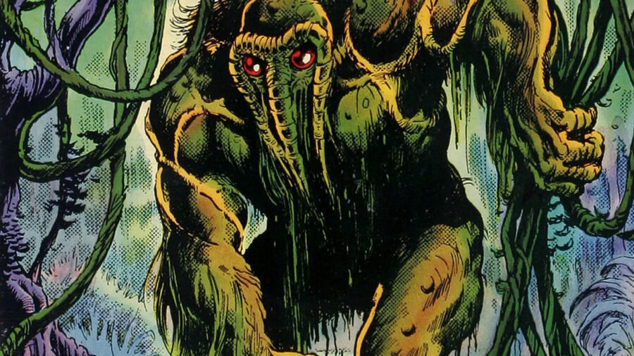 Man-Thing creeps through jungle vines, water dripping down his mossy hide.