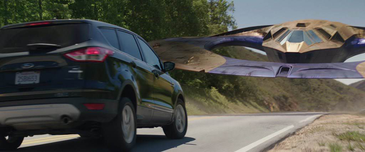 A Sakaaran spaceship cases Jennifer Walters to crash her car in a still from the Disney+ show "She-Hulk."