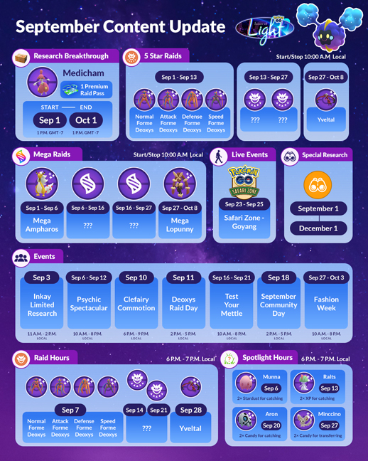 An infographic from Niantic showing all of the upcoming events in Pokémon GO during the Season of Light.