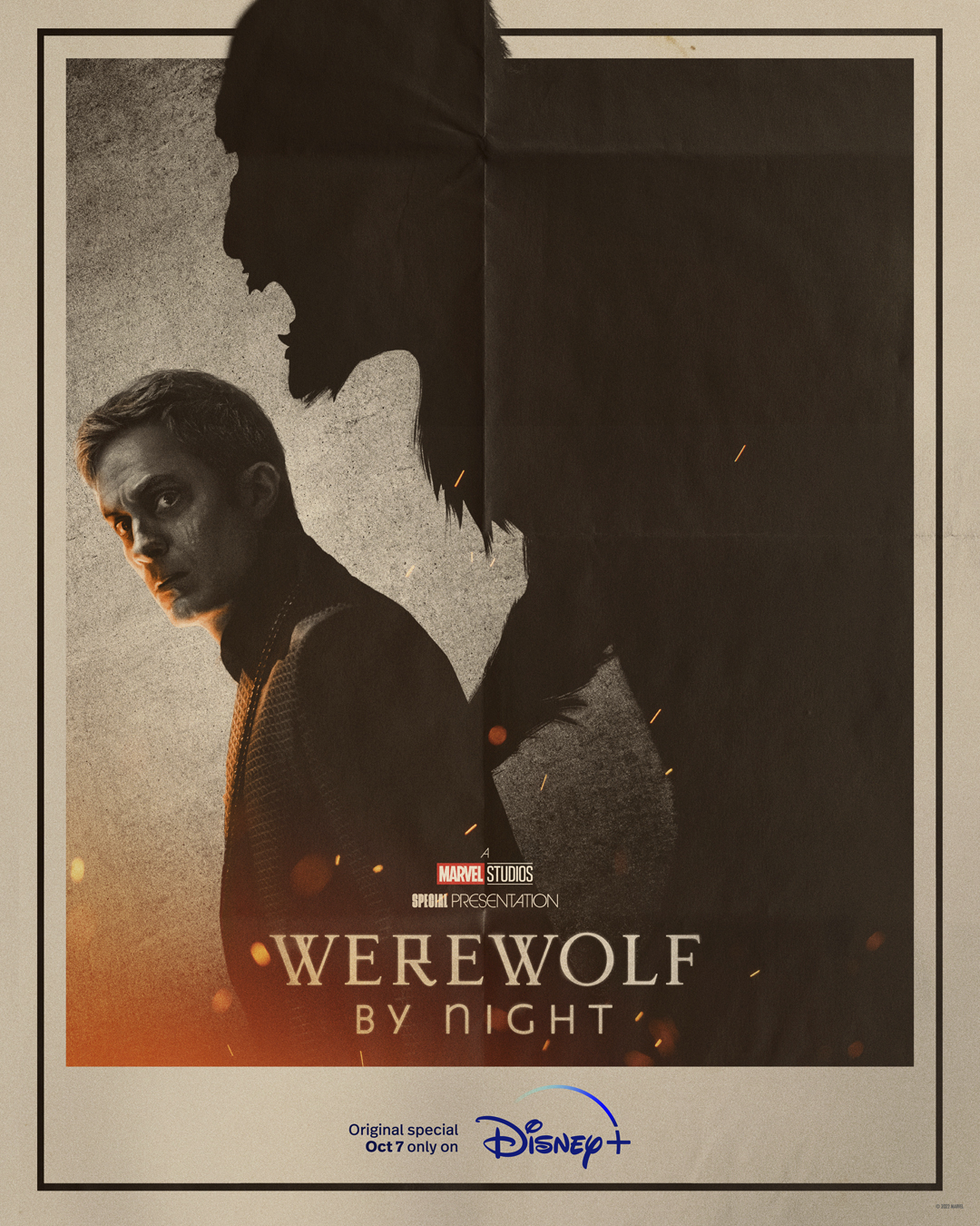 The poster for the Disney+ special "Werewolf By Night" shows the main character, Jack Russell, and his lupine shadow.