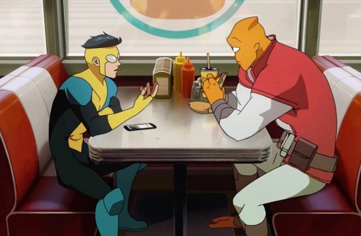 Mark Grayson and Allen the Alien aeting at Burger World in Invincible